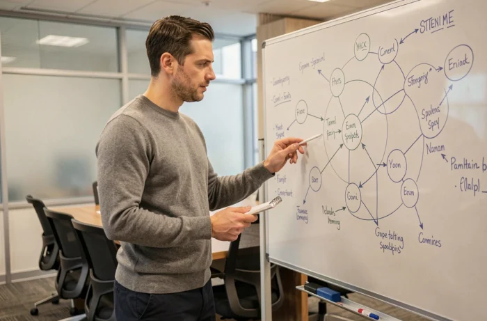 Psychologue présentant une cartographie systémique des relations familiales sur un tableau blanc en salle de formation