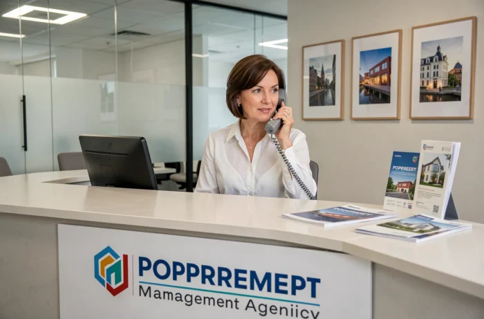 Réceptionniste d'agence immobilière Foncia répondant à un appel téléphonique d'urgence au bureau