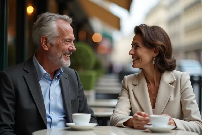 Couple de seniors élégants en conversation complice à une terrasse de café parisienne, illustrant les rencontres haut de gamme après 60 ans
