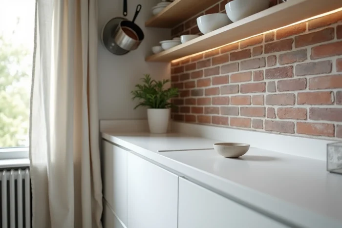 Résultat final d'un espace comblé entre panneau mural en brique et plan de travail en Corian blanc dans une cuisine contemporaine