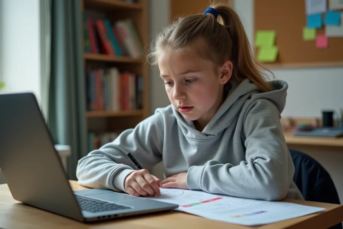 Adolescente révisant le code de la route et les questions théoriques pour préparer l'examen du BSR à domicile