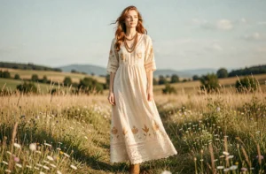 Jeune femme en robe maxi bohème crème avec dentelle et broderies florales dans une prairie de fleurs sauvages, style boho chic naturel