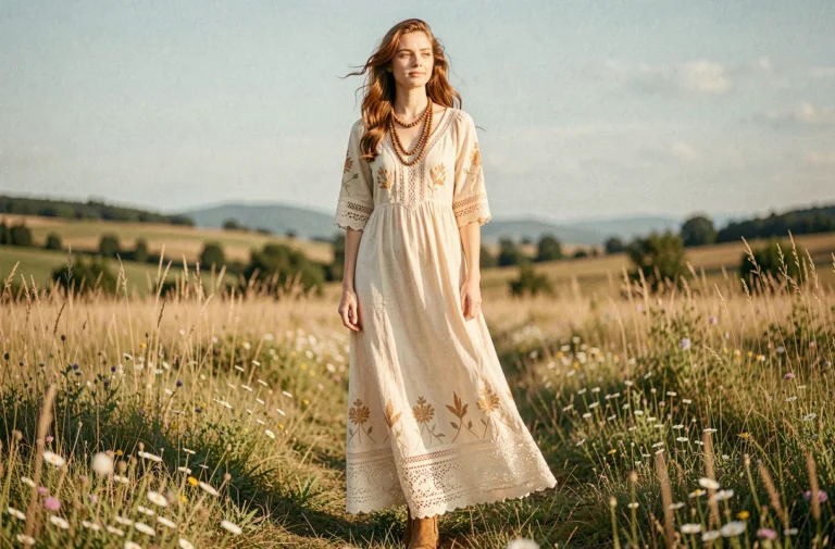 Jeune femme en robe maxi bohème crème avec dentelle et broderies florales dans une prairie de fleurs sauvages, style boho chic naturel