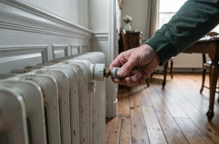Réglage manuel d'un robinet thermostatique sur un radiateur en fonte dans une maison de ville bruxelloise