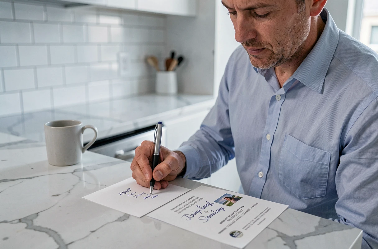 Homme rédigeant un RSVP manuscrit pour confirmer sa participation à un événement sur une carte d'invitation élégante