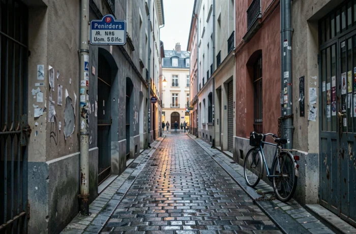 Ruelle déserte et dégradée d'un quartier sensible de Lyon au crépuscule