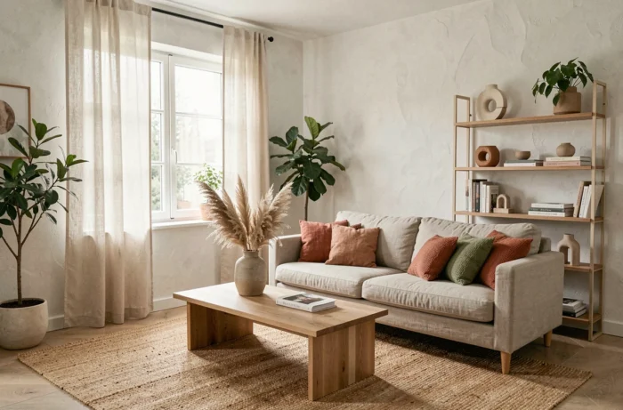 Salon moderne de style scandinave avec canapé en lin, coussins terracotta et vert sauge, table basse en chêne et plantes d'intérieur pour une décoration maison épurée