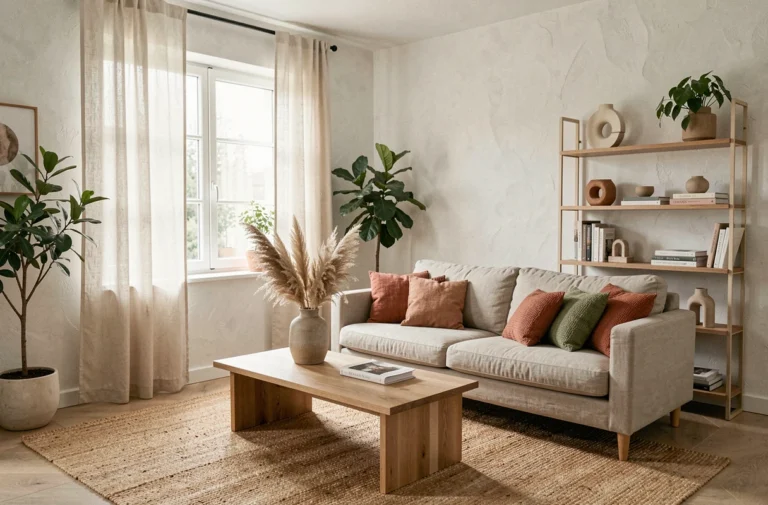 Salon moderne de style scandinave avec canapé en lin, coussins terracotta et vert sauge, table basse en chêne et plantes d'intérieur pour une décoration maison épurée