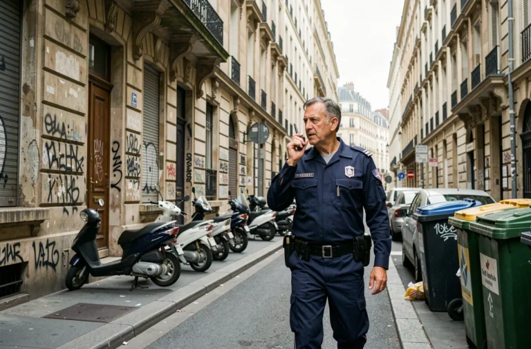 Agent de sécurité urbaine patrouillant dans un quartier de Lyon aux facades vieillissantes et graffitis