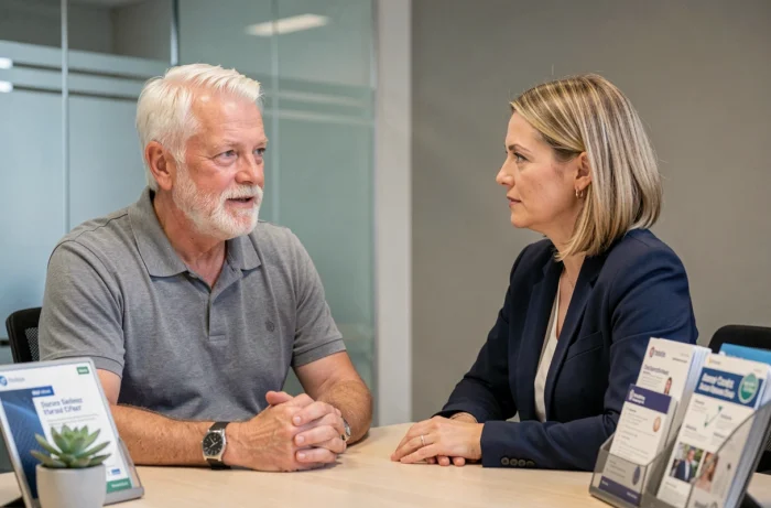 Senior homme en consultation avec une conseillère mutuelle santé dans une agence d'assurance