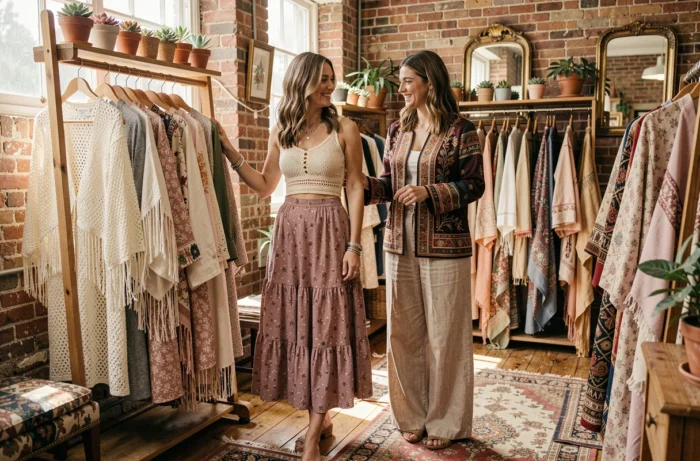 Deux femmes aux looks bohèmes feuilletant des vêtements vintage dans une boutique de seconde main chaleureuse avec tapis persans et murs en briques