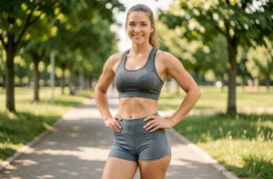 Femme portant un short de sport bien ajusté lors d'une séance de jogging estivale en plein air