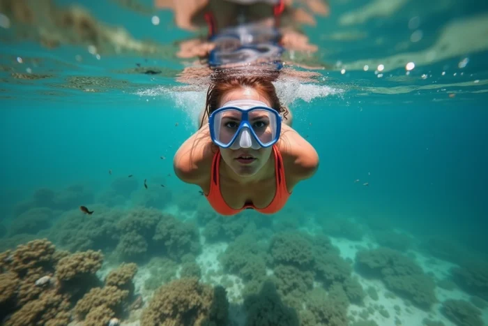 Femme en snorkeling au-dessus de prairies de posidonies dans une crique du nord de la Corse