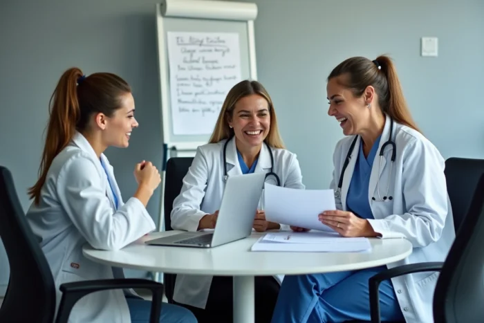 Groupe de soignants en formation continue discutant d'études de cas cliniques autour d'une table dans une salle de formation médicale moderne