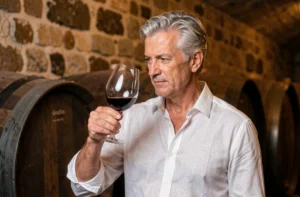 Sommelier examinant un verre de vin rouge Bordeaux dans une cave viticole avec des fûts en chêne