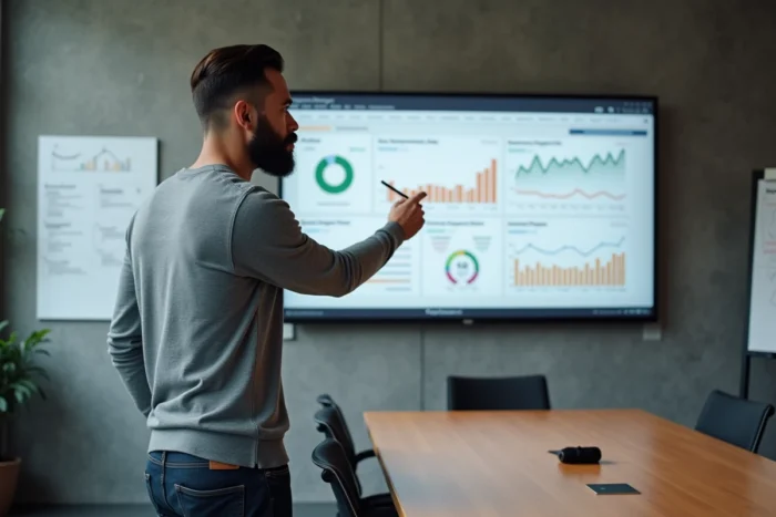 Spécialiste marketing digital présentant des KPI SEO sur un tableau de bord interactif dans une salle de réunion moderne