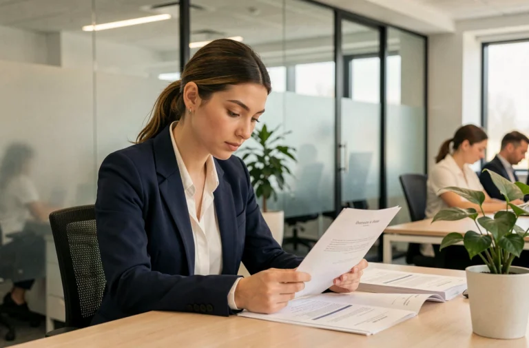 Jeune stagiaire en entreprise consultant des documents à son bureau dans un open-space moderne