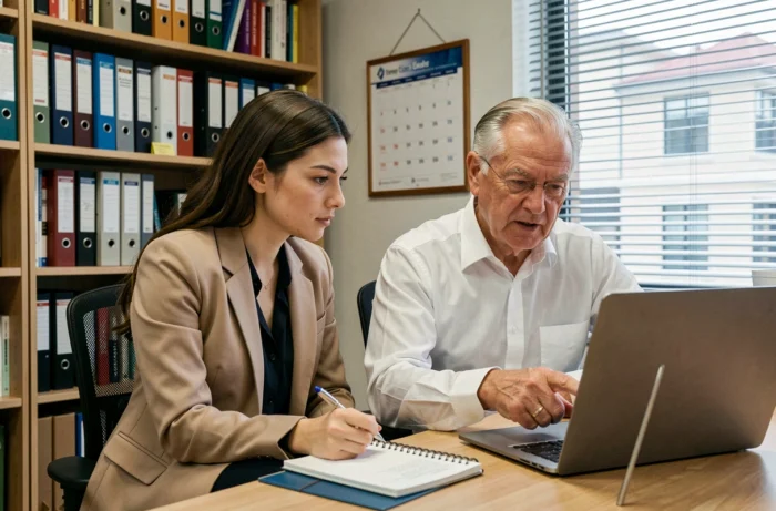 Stagiaire accompagnée par son tuteur en entreprise lors d'une session de travail collaborative sur ordinateur