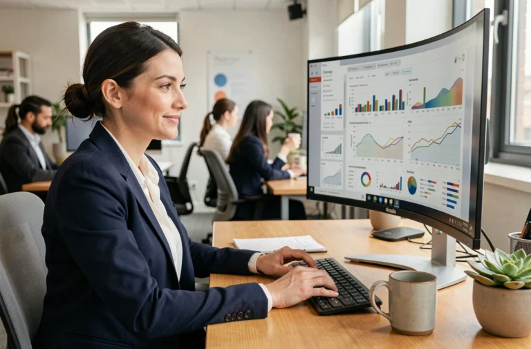Professionnelle en marketing digital analysant des données analytiques sur un écran d'ordinateur dans un bureau moderne en 2024