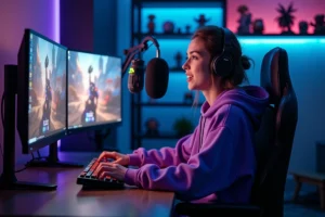 Streameuse Twitch jeune femme à son bureau de streaming avec double écran et microphone professionnel dans un studio gaming cosy