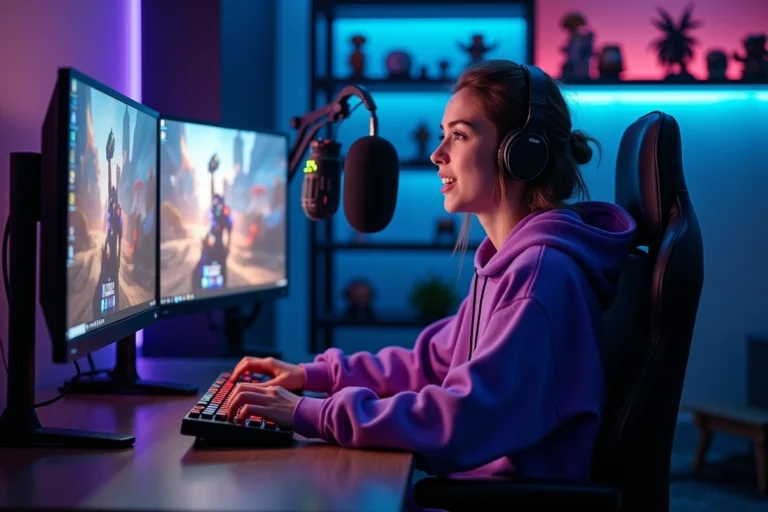 Streameuse Twitch jeune femme à son bureau de streaming avec double écran et microphone professionnel dans un studio gaming cosy