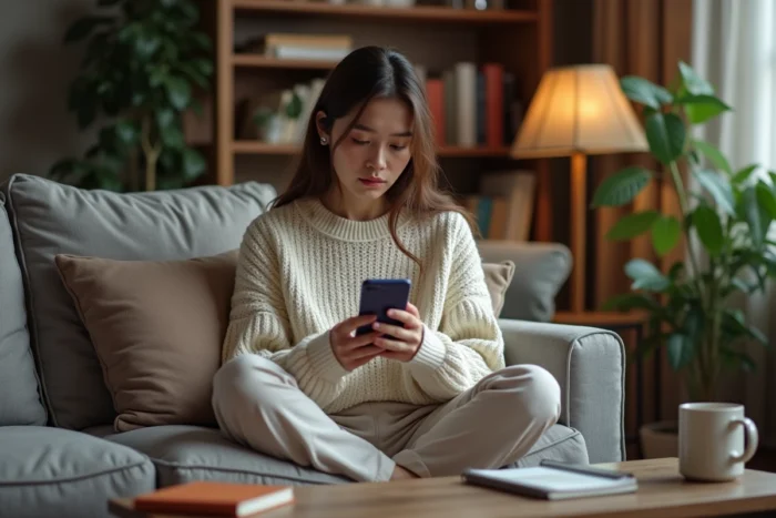 Streameuse Twitch assise sur un canapé consultant son téléphone avec l'interface Twitch dans un salon chaleureux
