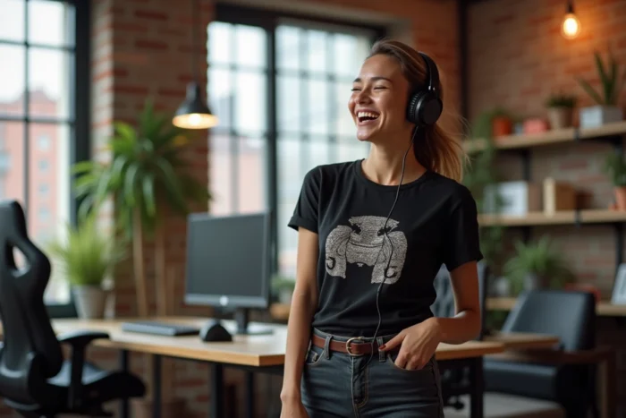 Jeune streameuse Twitch souriante debout dans un appartement moderne avec casque gaming à la main