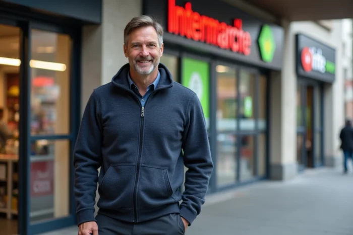 Homme portant un sweat Armor Lux bleu marine devant l'entrée d'un magasin Intermarché avec un sac de courses