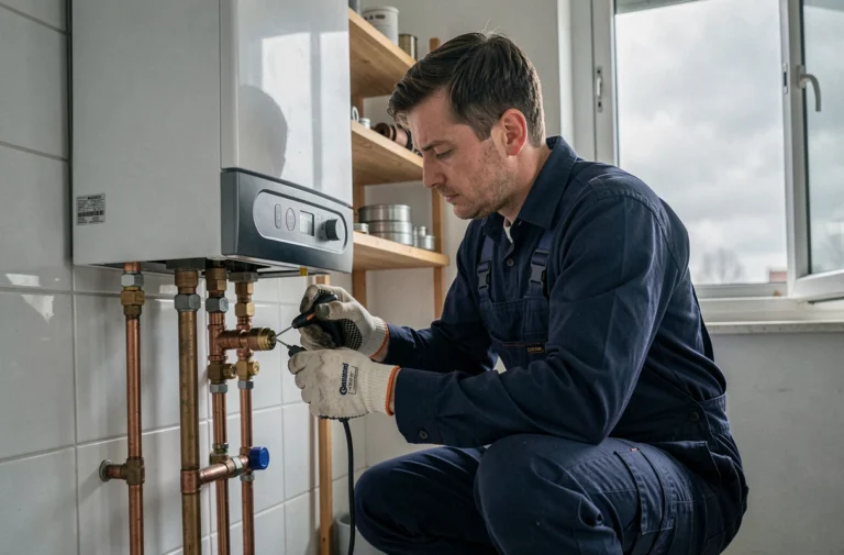 Technicien inspectant une chaudière à gaz dans un appartement bruxellois pour un entretien annuel du système de chauffage