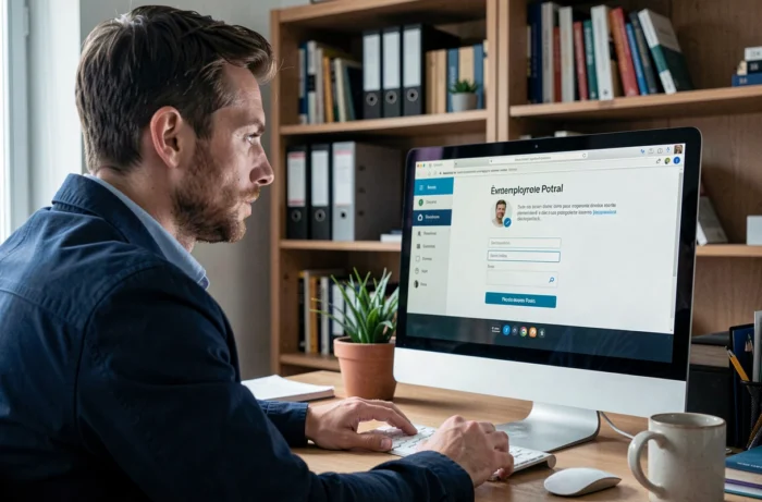Homme en télétravail se connectant à l'extranet GTA La Poste depuis son bureau à domicile