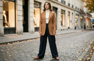 Femme élégante portant un blazer camel oversize et un pantalon large indigo dans une rue parisienne pavée en automne, style tendance mode quotidien