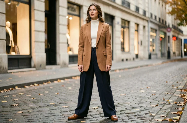 Femme élégante portant un blazer camel oversize et un pantalon large indigo dans une rue parisienne pavée en automne, style tendance mode quotidien
