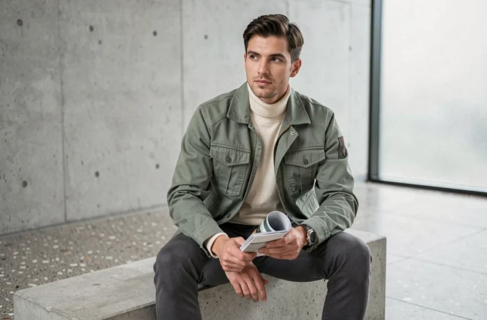 Homme en veste utilitaire vert sauge et pull col montant crème assis dans une galerie minimaliste moderne, tendances mode masculine automne-hiver
