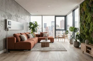 Salon moderne avec tendances décoration intérieure 2024, mur végétal et technologie maison connectée