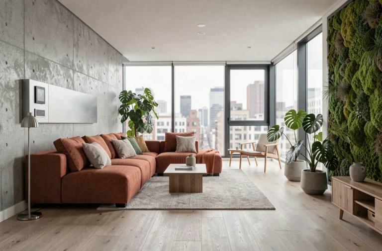 Salon moderne avec tendances décoration intérieure 2024, mur végétal et technologie maison connectée