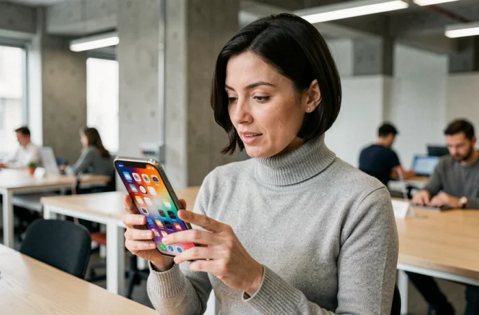 Femme professionnelle utilisant un smartphone pliable dans un espace de coworking moderne, illustrant les dernières tendances high-tech