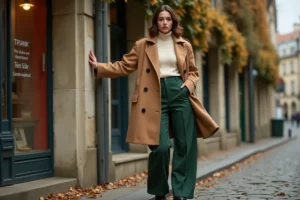 Femme élégante en trench coat camel et pantalon large vert forêt dans une rue pavée parisienne en automne, tendances mode saison