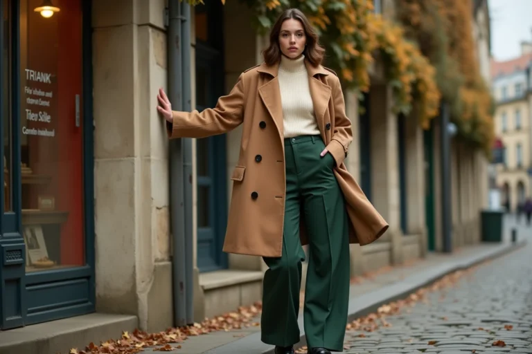 Femme élégante en trench coat camel et pantalon large vert forêt dans une rue pavée parisienne en automne, tendances mode saison