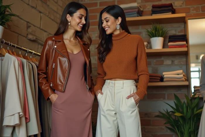 Deux femmes tendance essayant des vêtements dans une boutique de mode branchée, looks saisonniers robe satin et pull color block