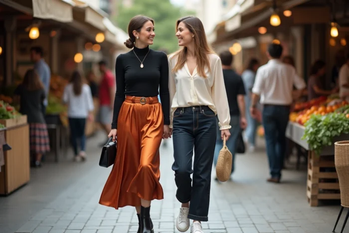 Deux femmes élégantes aux tenues tendance automne, jupe midi terracotta et denim droit, marchant dans un marché urbain animé
