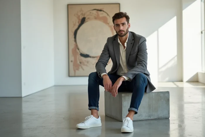 Homme en blazer houndstooth charbon et jean indigo assis dans une galerie d'art moderne, style mode masculin tendance saison