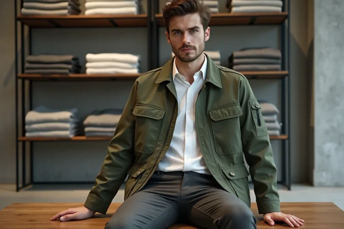 Homme en veste utilitaire vert sauge et pantalon tailleur, nouvelles tendances mode masculine dans un concept store minimaliste