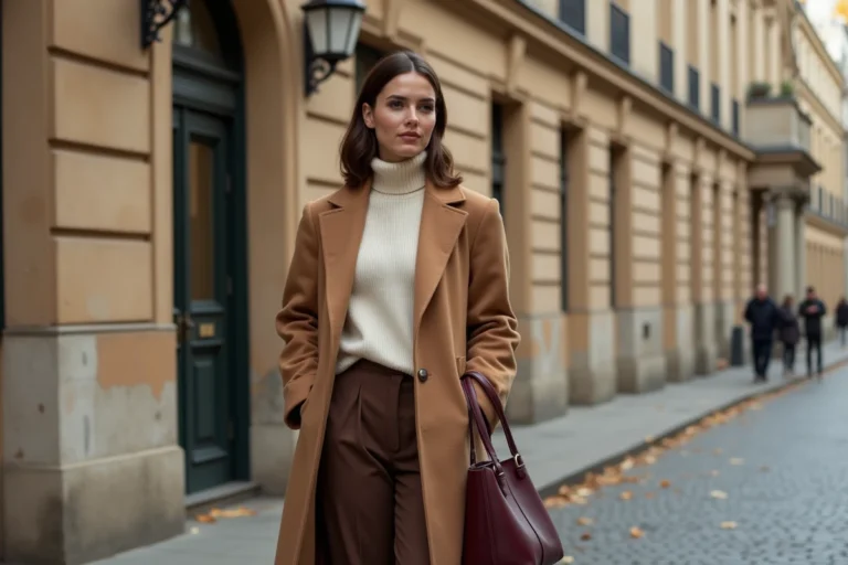 Femme élégante en manteau camel oversize et pantalon large, tendances mode automne-hiver dans une rue parisienne pavée