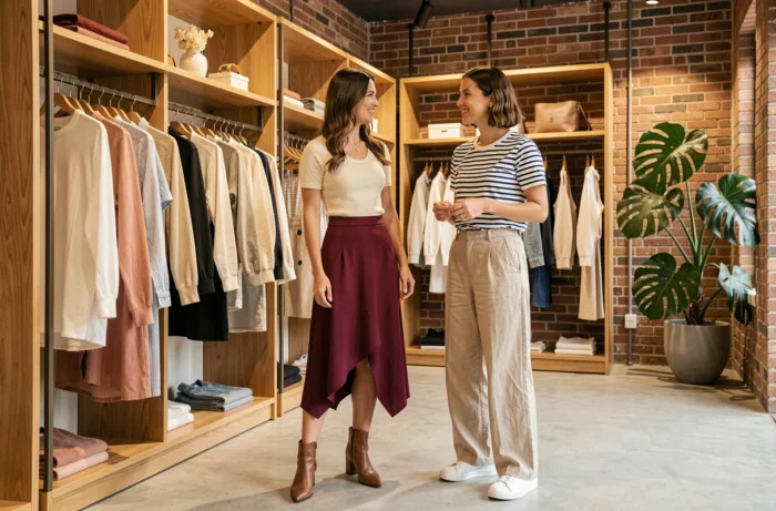 Deux femmes stylées faisant du shopping dans une boutique concept store tendance, portant des tenues mode du quotidien aux couleurs neutres et bordeaux