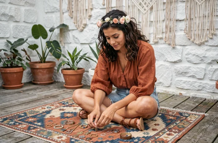 Femme bohème aux cheveux bouclés avec couronne florale et blouse paysanne rouille, assise sur un tapis kilim sur une terrasse rustique avec décoration macramé