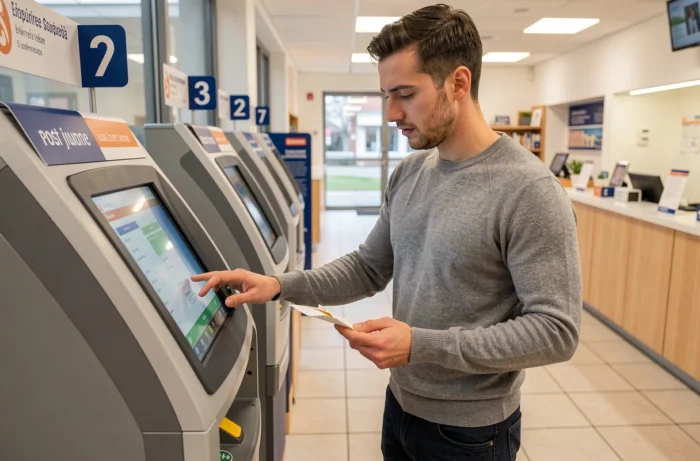Homme utilisant un terminal en libre-service à La Banque Postale de La Source pour gérer son compte bancaire