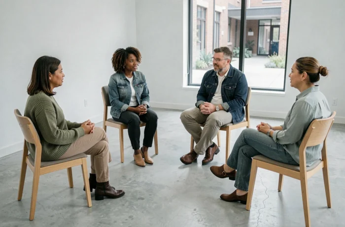Groupe de thérapie systémique réuni en cercle dans un centre de santé mentale moderne et lumineux