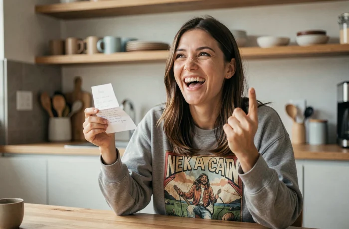 Femme riant en se souvenant de chansons qui ont marqué sa vingtaine grâce à un message de cocotte