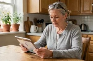 Femme d'une cinquantaine d'années gérant une tutelle à distance sur une tablette depuis sa cuisine, illustrant l'utilisation de l'application Mon Proxima