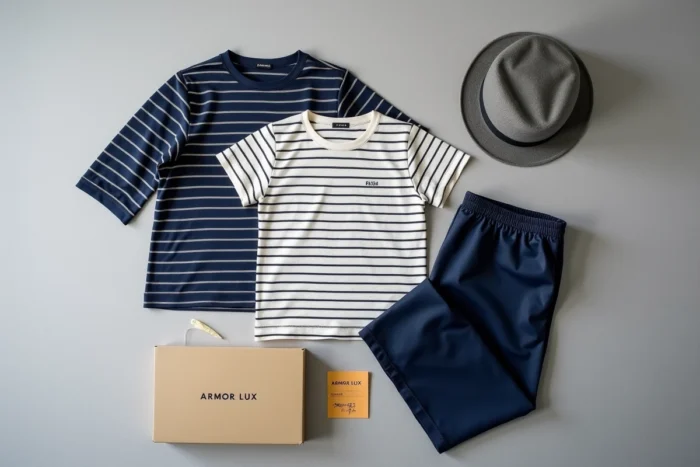Présentation à plat de vêtements Armor Lux achetés chez Intermarché avec marinière, bonnet et pantalon marine